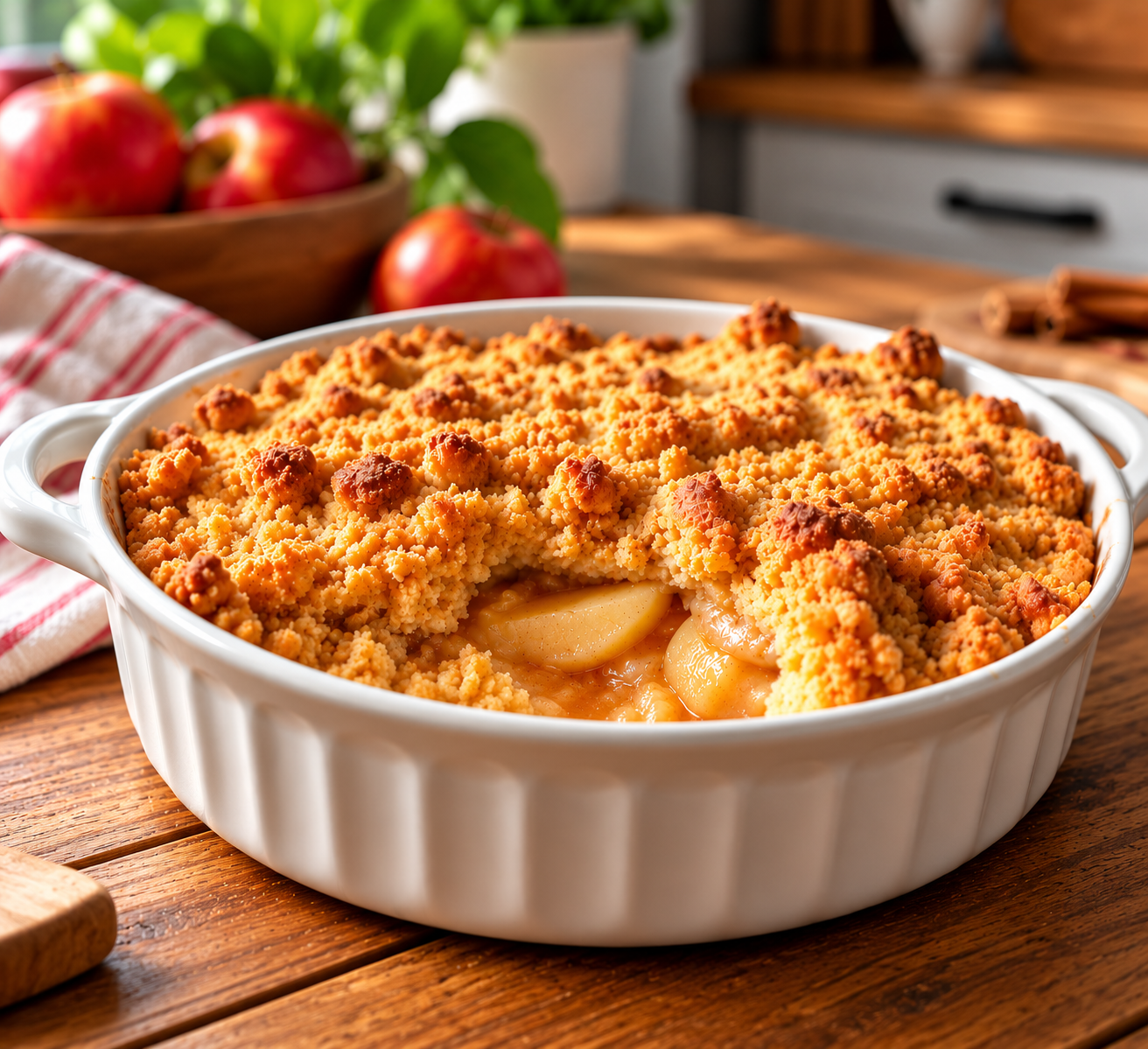 golden apple crumble in a rustic kitchen